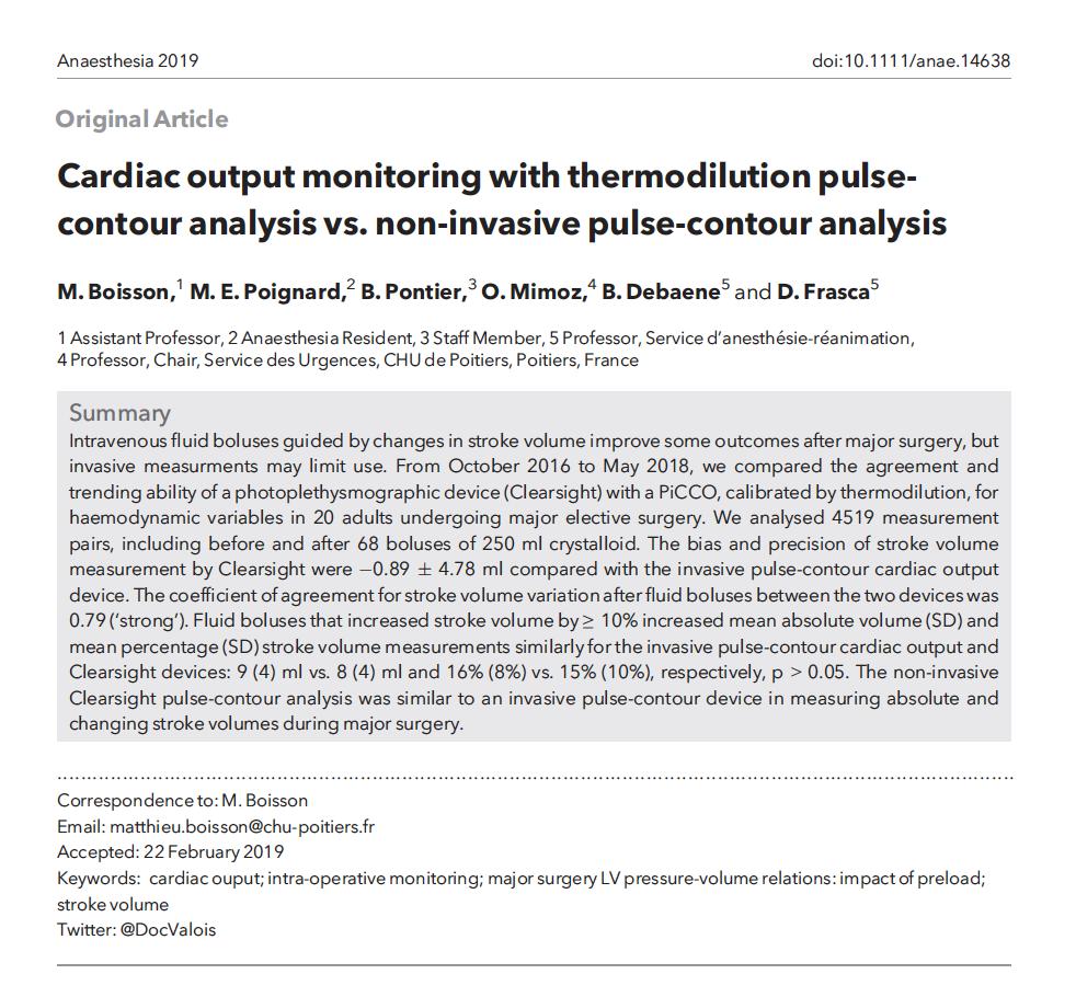 BoissonMatthieu's tweet photo. The non‐invasive #Clearsight pulse‐contour analysis was similar to #PICCO in measuring absolute and changing stroke volumes during major surgery @Anaes_Journal 
#cardiacoutput #anaesthesia #Hemodynamic https://t.co/8alqTK8CSi https://t.co/D087Zrs7iy