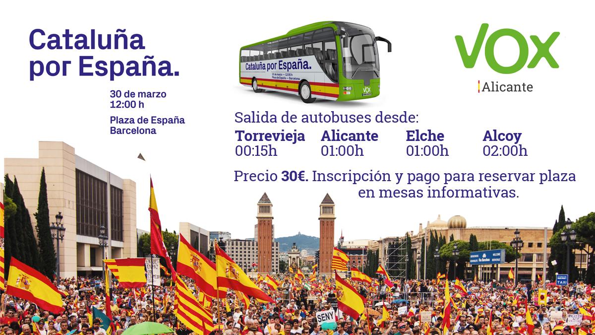 vox_alcoi's tweet photo. 🚌 ¡El 30 de marzo nos vamos a Barcelona! 🇪🇸
Salidas desde:
📍 Alcoy 02:00h
📍 Alicante 01:00h
📍 Elche 01:00h
📍 Torrevieja 00:15h
Información y reservas en mesa informativa este domingo en #Batoy
#Alcoy #Alcoi #VOXAvanzaEnAlicante
#VoxAvanzaEnAlcoy
#EspañaViva #30Marzo https://t.co/R8hMpCvZDl