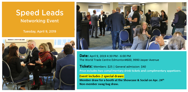 samji_amin's tweet photo. Speed Leads - April 9, 2019 4:30 PM - 6:00 PM
2 draws: members enter to win an exhibitor booth for Apr 24th non-members enter to win a swag bag!
incl. 2 comp drink tickets and appetizers
@EdmontonChamber #ECCConnect #yegbiz #networkingevents #yegbizconnections #yegevents #yeg https://t.co/EOWVDNNf1J