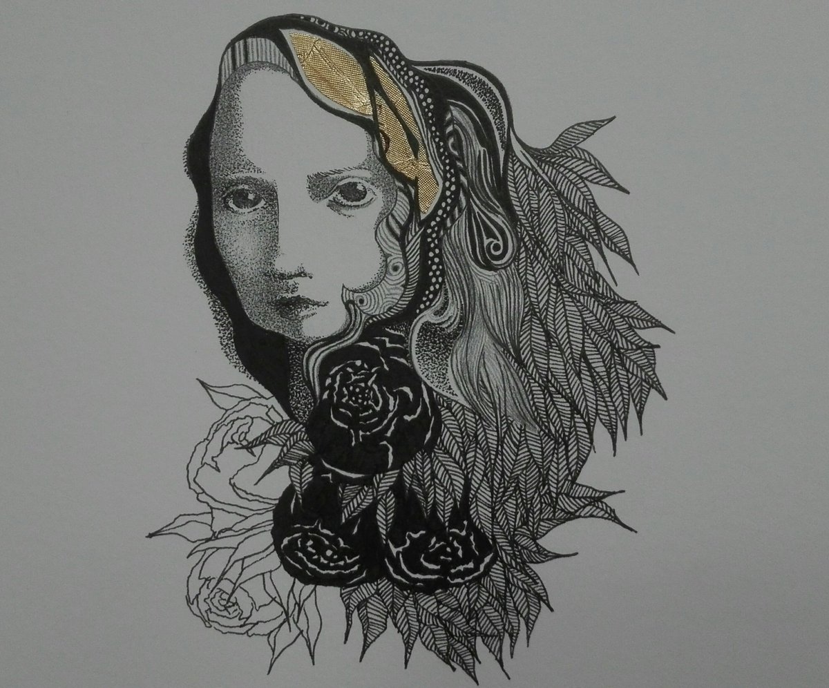 Draw_Con's tweet photo. Lines, leaves and flowers wrapping my #neck.

#drawing #illustration #art #portrait #portraitmood #graphite #ink #collage #graphictextures #flowers #garden #necklace #wip 
#drawinginprocess #inprogress https://t.co/8gaL5WfJYl