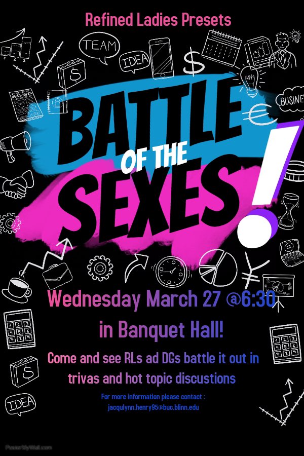 🚨🚨introducing Refined Ladies Battlw of the Sexes‼️ Come out to the banquet hall March 27th at 6:30pm to RL’s and DG’s go head to head about many different topics. See ya there😉 <a href="/DG_Gentlemen/">🎩 DG 🎩</a> 🚨🚨