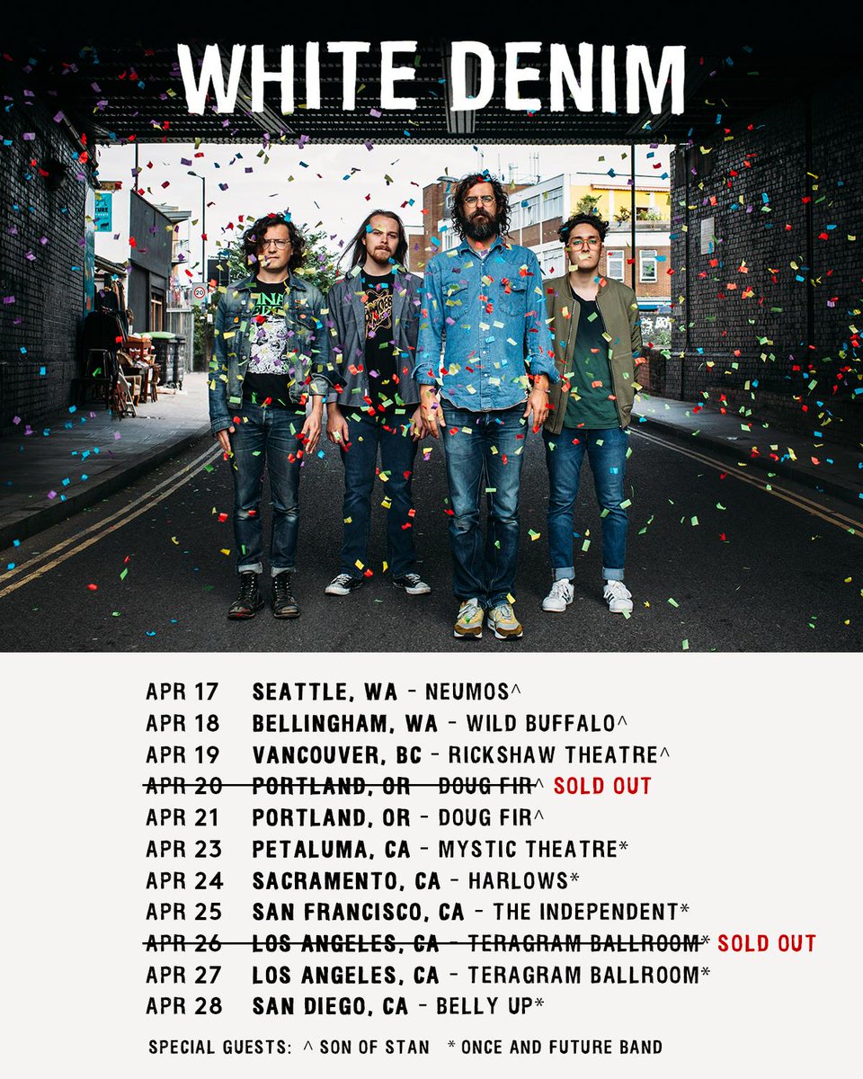 whitedenimmusic's tweet photo. Very excited to announce that our buds @thesonofstan are joining us for the first 5 shows of this upcoming west coast run! Check out the excellent new EP โDiamond Cuts'
Tickets at https://t.co/4Fg6E6YErq https://t.co/d23mRj5PS2