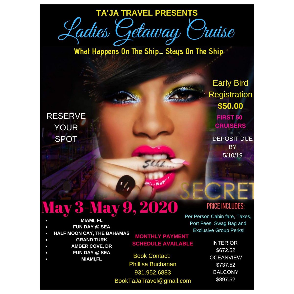 TaJaEvents's tweet photo. Ladies, here is our Ladies Getaway Cruise 2020.
Visit 👉https://t.co/ZZYsBHTz0w👈
This is going to be a AWESOME CRUISE
PLEASE SHARE. THE MORE THE MERRIER.
#TaJaTravel #LadiesGetawayCruise2020 #LadiesOnly
#TravelwithTaJaTravel https://t.co/3OqMdqYaSz