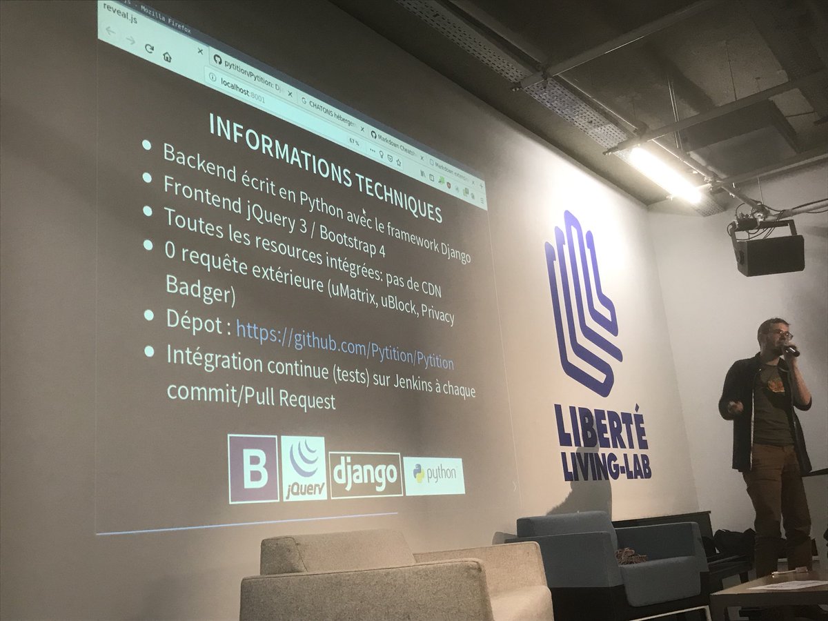 bbilloud's tweet photo. LT Soirée #fundthecode @LIBERTE_LL : présentation du projet #Pytition, site d’hébergement de pétitions respectueux de la vie privée des signataires, peut-être futur #FramaPetition de @framasoft https://t.co/wdLt5flYK6