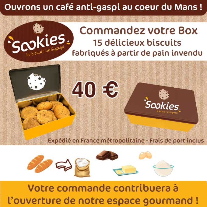 sookies_fr's tweet photo. Qui veut recevoir sa Sookies Box à domicile ? Une boite en métal contenant 15 #délicieuxSookies, fabriqués à partir de pain invendu. En la commandant sur @ululeFR , vous nous permettrez d'ouvrir notre café anti-gaspi au coeur du Mans ! https://t.co/1NvUzn16Dp #ofCourseLeMans https://t.co/bJhvMRUHUu