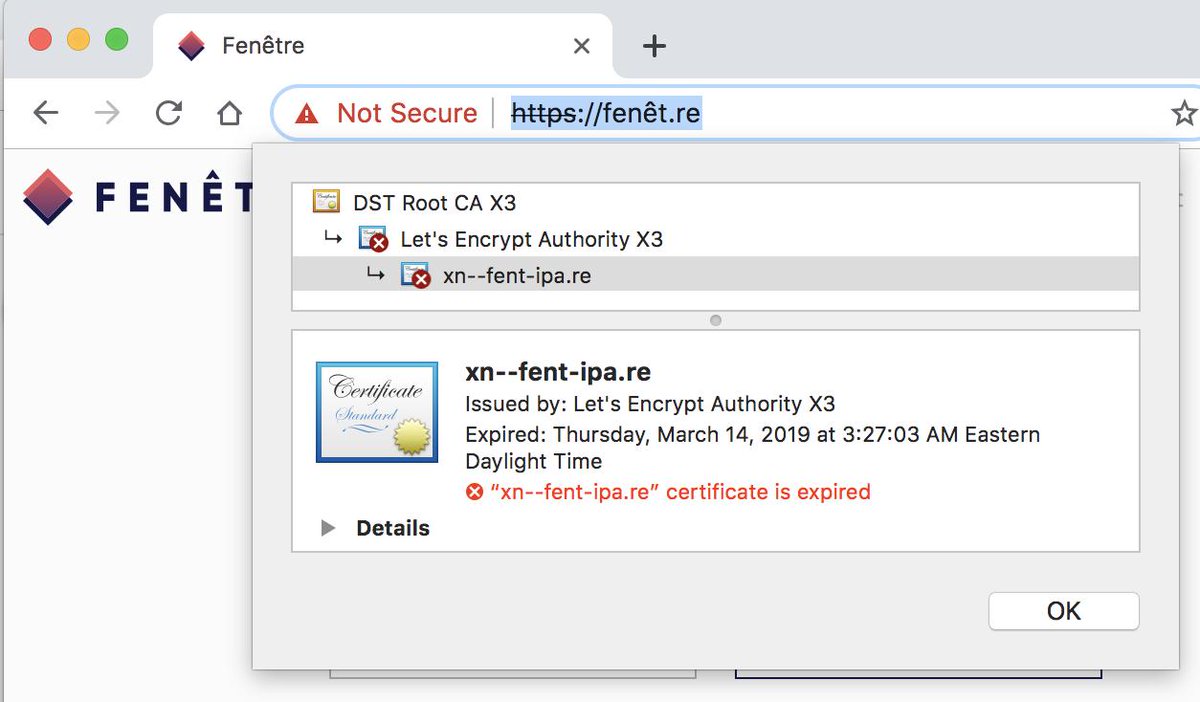 AndreasTuranski's tweet photo. @FenetreApp Thanks for your previous work. Your site's SSL Cert has expired FYI.
https://t.co/8mc0gOUejG
Expired: Thursday, March 14, 2019 at 3:27:03 AM Eastern Daylight Time https://t.co/8CgJryWKbe