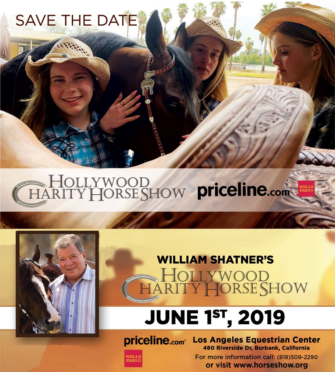 WilliamShatner's tweet photo. #SaveTheDate for the @priceline Hollywood Charity Horse Show Sponsored by @WellsFargo June 1st. Visit https://t.co/B7VXEiWMKL for more details! https://t.co/yTgS7ubC6V
