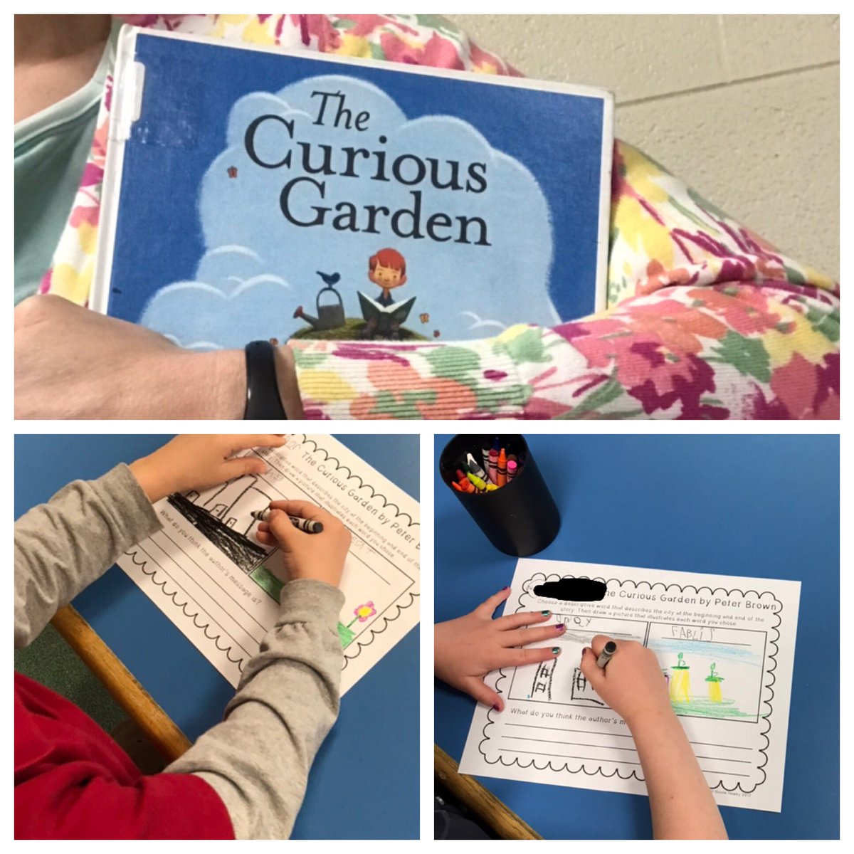 SMLibraryGirl's tweet photo. You must wear your flower cardigan when you teach The Curious Garden by @itspeterbrown ! My @JGHornets kindy Ss think the city was #boring & now it looks #Fablis 💜 #librarylife #springreads #loveyourgarden #kindywriting https://t.co/BX4DSUS5TS