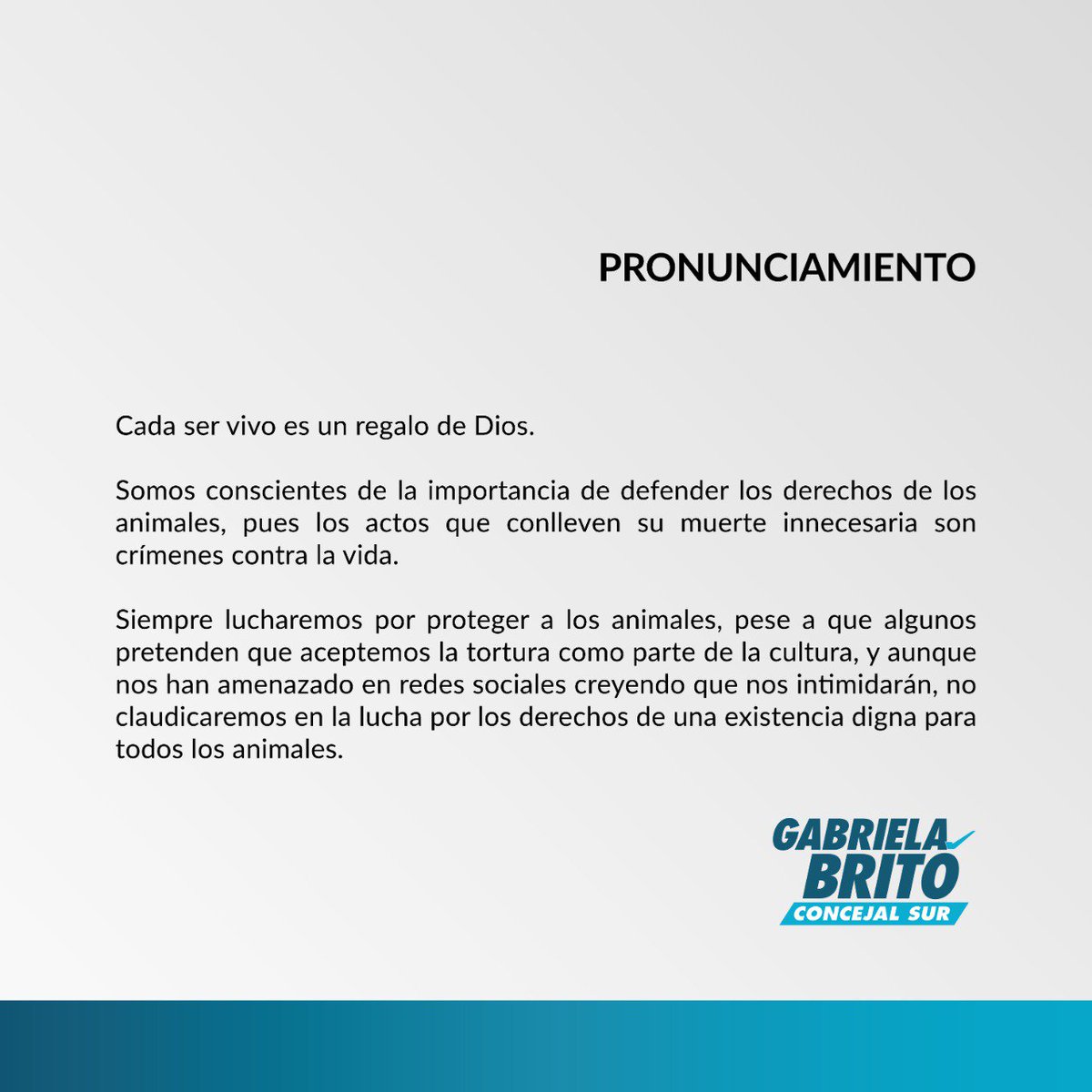 GabiBritoA's tweet photo. Queridos amigas/os;

Mi postura ante los mensajes ofensivos que he recibo por defender los derechos de los animales. https://t.co/AzJi7zXHEx