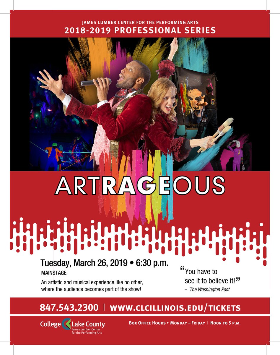 3-day FLASH Sale for ARTRAGEOUS, coming to the JLC on March 26!
$8: Student/Teen/Child Tickets 
$18: Adult Tickets
(other fees apply)
Sale runs:  Noon on 3/20 thru 5 pm on 3/22
Part art studio, part rock concert, part creation lab!
clcillinois.edu/tickets or call 847/543-2300