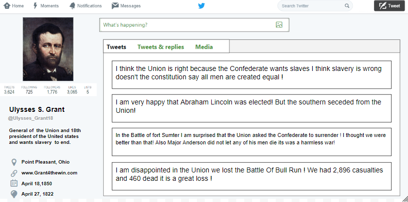 Last week we finished up creating fictional twitter pages showcasing what we learned about important people and events during the Civil War.  Check out some of our creative work.