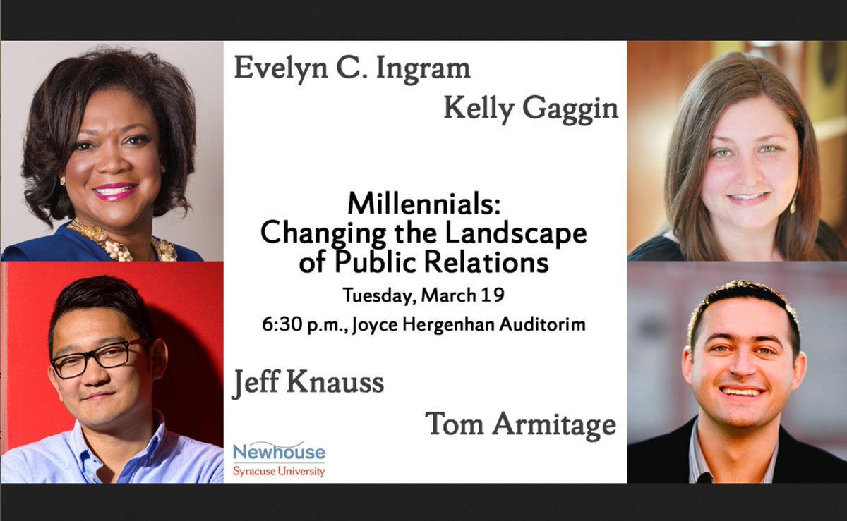 Don't forget to join us at tonight 6:30 pm in the Herg Auditorium! Hosted &amp; moderated by Newhouse PR grad students. #PRogressSU