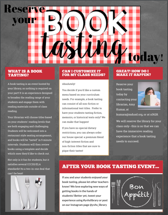 Libraramy's tweet photo. Teachers: could your students use a fun library event that gets them reading? Try a #booktasting ! All it takes is one class period! #yvhslibrary https://t.co/wRy0V4afeK