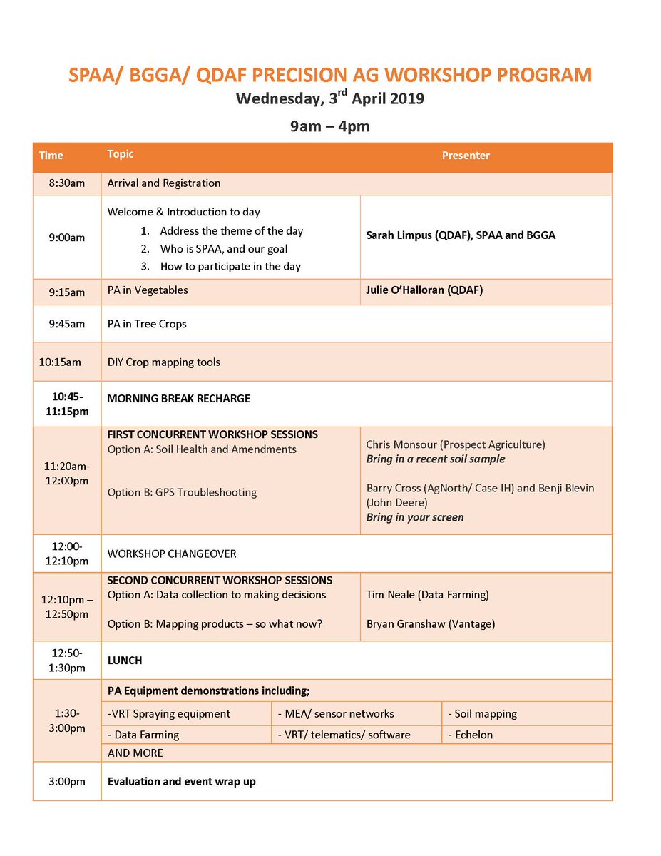 Shout out to all veg &amp; hort producers. #SPAA together with #BGGA and @QldAgriculture are hosting a FREE #PA workshop in #Bowen. Features <a href="/data_farming/">DataFarming</a> <a href="/sisdirtdoctor/">Bryan Granshaw</a> <a href="/VantageNEA/">Vantage NEA</a> <a href="/Hort_Au/">Hort Innovation</a> <a href="/ohalloran_jules/">Julie O'Halloran</a> <a href="/CaseIHAus/">Case IH Australia</a> <a href="/JohnDeere/">John Deere USA</a> <a href="/VegNET_au/">VegNET</a> More info &amp; RSVP spaa.com.au