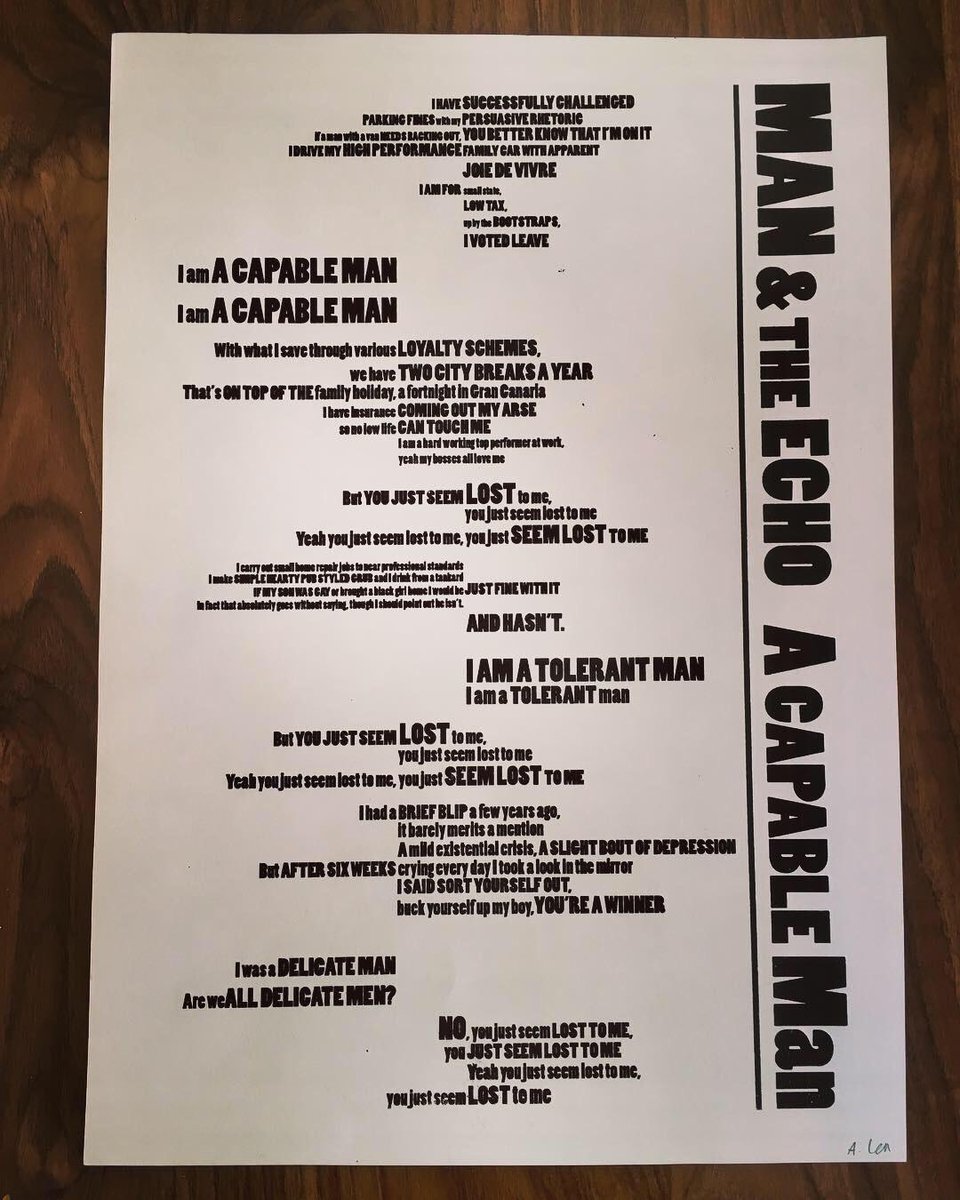 ManandTheEcho's tweet photo. You can now get these brilliant @helloamylea #acapableman acrylic lyric prints for a fiver from our online shop, very ltd run. I've got one, I hung it on me wall.
https://t.co/bqveY5kDpJ https://t.co/sSyfPyKaUT