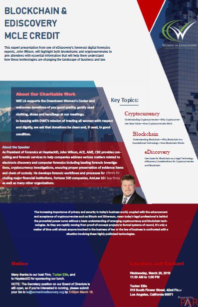 clairelee137's tweet photo. Want to learn about blockchain and it’s impact on eDiscovery?
Join Women in eDiscovery Los Angeles for lunch tomorrow, Wednesday, March 20th. #blockchain #ediscovery #legaltechnology #legaleducation #WiE sign up here https://t.co/Nlis4TBth3 https://t.co/WzSLkskwX0