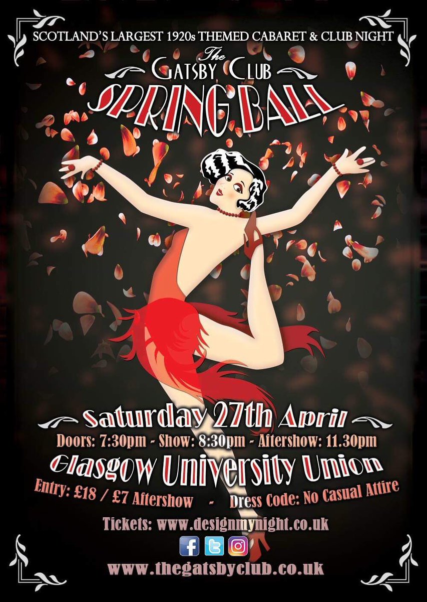 TheGatsbyClub's tweet photo. It’s just under 6 weeks away until The Gatsby Club 'Spring Ball' takes place on Sat 27th April at @GUUnion! Our lineup will be revealed soon! In the meantime tickets can be purchased from the link below. Grab them while you can!

https://t.co/auYX3TQf7B

Artwork by Lance Taylor https://t.co/8if32OBl2E