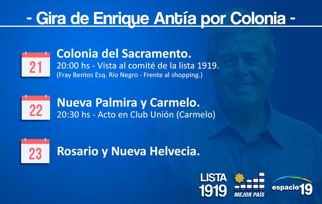 RoselliEdmundo's tweet photo. Esta semana estará Enrique Antía recorriendo el departamento en una larga gira que tenemos programada. Haremos un acto en Carmelo y una visita al comité en Colonia del Sacramento para todos aquellos que quieran acercarse. #MejorPaísColonia #Lista1919 https://t.co/1OEr4OOQq6