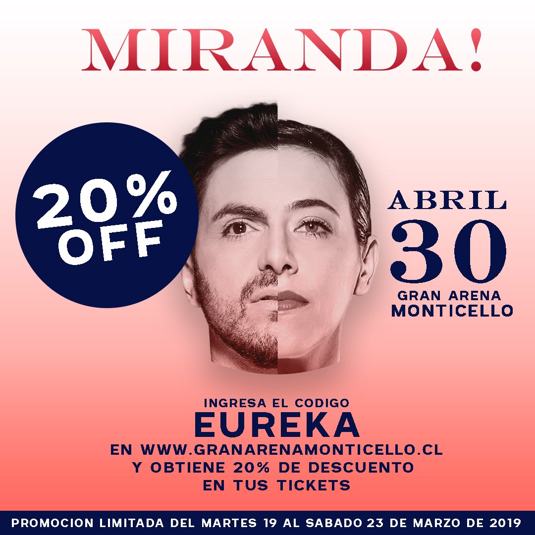 eurekapop's tweet photo. 20% OFF ➡️ #PromocionLimitada para @mirandaenvivo en @sunmonticello 🇨🇱 #Chile 👉 Ingresa AHORA el código "EUREKA" en la web de https://t.co/8QhgBSzTLm y obtiene 20% de descuento en la compra de tus tickets 🔥 ¡Apresúrate!
⚠️ Válido del 19/3 a 23/3 ✔ https://t.co/DKhc7zkx8c