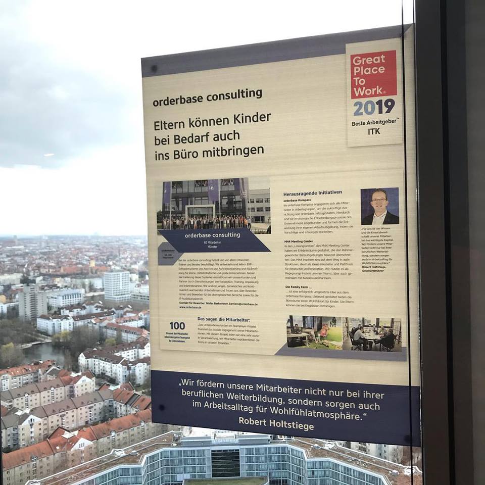 orderbase's tweet photo. #orderbase macht das Treppchen voll: Wir freuen uns heute riesig über Platz 1 🏆🥇 "Beste Arbeitgeber in der ITK" in der Größenklasse 50-100 Mitarbeitende! #GPTW2019 #Bestearbeitgeber @GPTWDeutschland https://t.co/cemUaDehBo