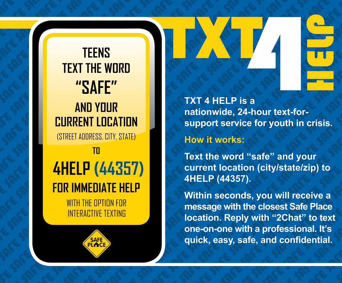 ACHChildFamily's tweet photo. Did you know youth in crisis can text the word “SAFE” and their current location (city, state, zip) to 4HELP (or 44357) to receive immediate help in finding the closest Safe Place location? Reply with “2Chat” to text with a professional. #NSPWeek2017 https://t.co/BzurJRA4oc