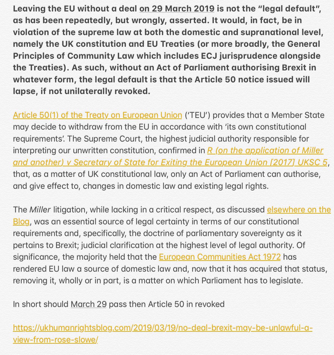 #NoDeal #Brexit may be #unlawful here’s the legal position in #DomesticLaw the #UK #constitution and #EUTreaties  possible #JudicialReview #StopBrexit  #peoplesvote  #RevokeA50  #FBPE  @Andrew_Adonis @Lawyers4EU  @guyverhofstadt @peoplesvote_uk @MichelBarnier @RichardBurgon