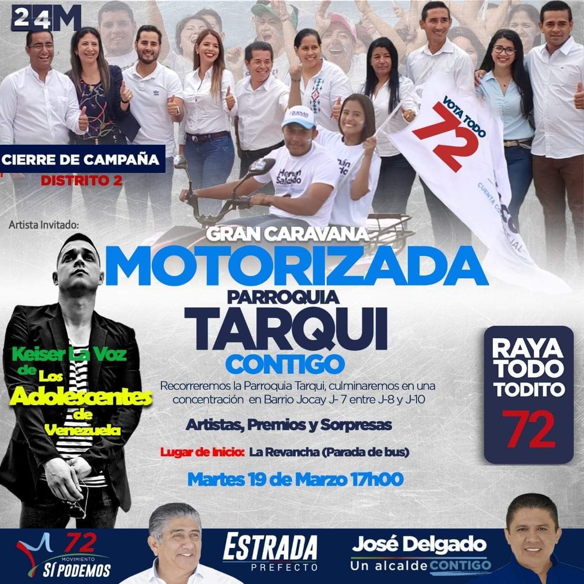 Hoy nuestros concejales del Distrito 2 cierran su campaña. Vamos todos a celebrar que ya falta poco para que llegue Manta Contigo.

#JoséDelgadoAlcalde
#RayaTodo72