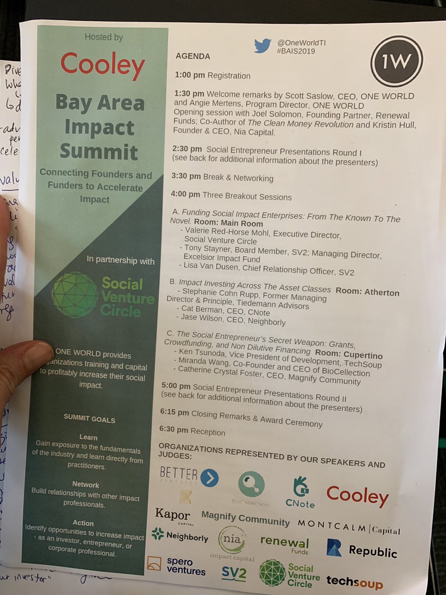 Great conversation about the purpose of capital and shifting values <a href="/OneWorldTI/">ONE WORLD Investments</a> #BAIS19 <a href="/CooleyLLP/">Cooley LLP</a> #impactinvesting #socialenterprise