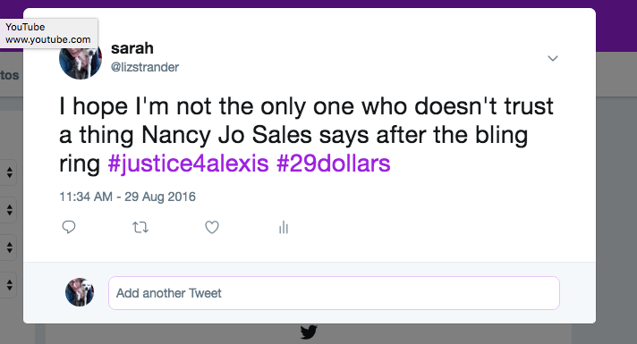 sarah28963325's tweet photo. i found the tweet that made @nancyjosales block me, this has been quite a day. #JUSTICE4ALEXIS #29DOLLARS @Itsalexishaines https://t.co/ZAzVENPknL