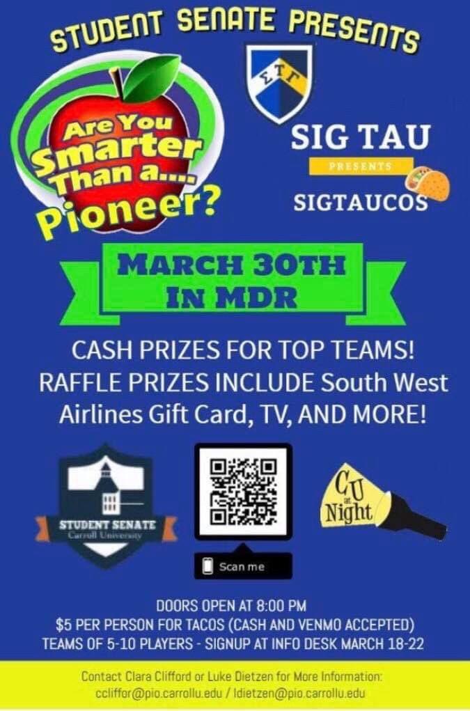 SenateCu's tweet image. March 30th 8:00 PM! Student senate is partnering with Sig Tau to host a CU @ night event! ••• sign up with a team at the front desk, or scans the the QR codes on the posters around campus! ••• $5 tacos and desserts come join to enter raffles to win various prizes