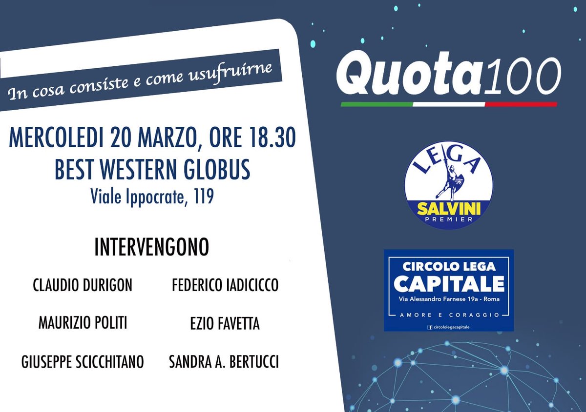 Parliamo in <a href="/MunicipioRoma2/">Municipio Roma II</a> di #Quota100 con <a href="/ClaudioDurigon/">Claudio Durigon</a>  <a href="/Fedeiadicicco/">Federico Iadicicco</a> <a href="/politi_maurizio/">Maurizio Politi</a> <a href="/sandrabertucci/">Sandra</a> <a href="/giuseppescicch2/">giuseppe scicchitano</a> @circololegaromacapitale #vincelasquadra <a href="/LegaSalvini/">Lega</a> <a href="/matteosalvinimi/">Matteo Salvini</a>