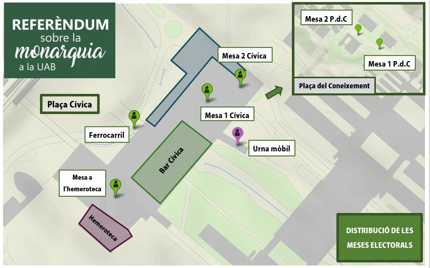 UABreferendum's tweet photo. Demà és el dia que portem esperant tant, demà es el dia en el que si ets part de la comunitat universitaria, podràs votar sobre la monarquia!  Digues-ho a tothom! Demà serà un gran dia! Aquí baix us deixem un mapa amb els punts de votació   🗳️   #UABdecideix #UABdecide #20MUAB https://t.co/kHXzHqUzTY