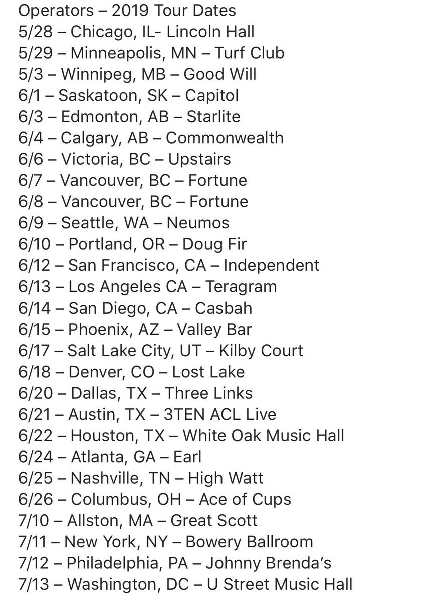 Here’s the full list of <a href="/Operators_Band/">Operators The Band</a> NA tour dates! Tickets look like they’re going on sale in most markets on Friday!