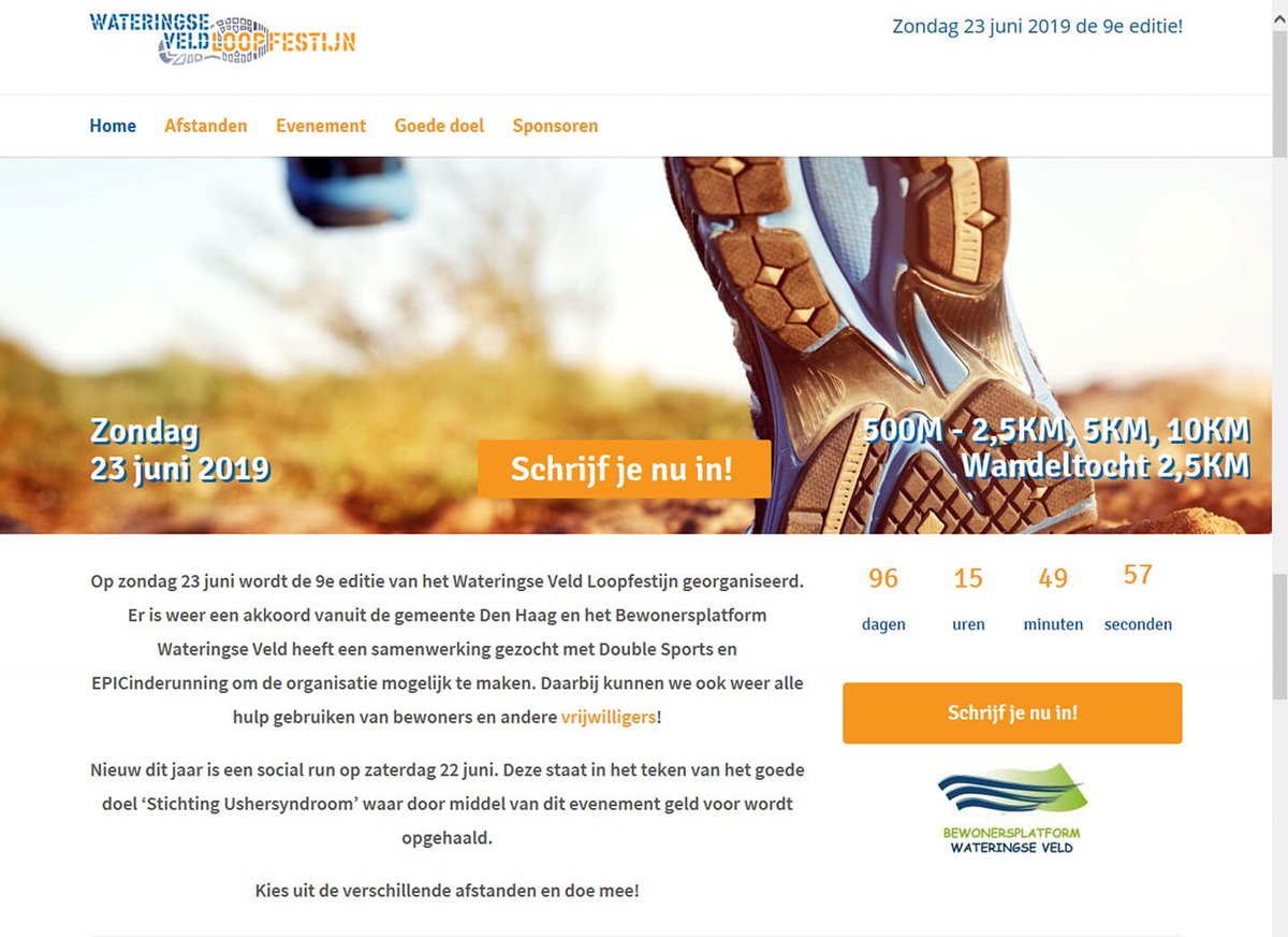 De nieuwe website is live: wateringseveld-loopfestijn.nl 🎉 Doe je ook mee op 23 juni? 🏃 Door middel van het Wateringse Veld Loopfestijn wordt er geld opgehaald voor Stichting Ushersyndroom. #epicinderunning #doublesports