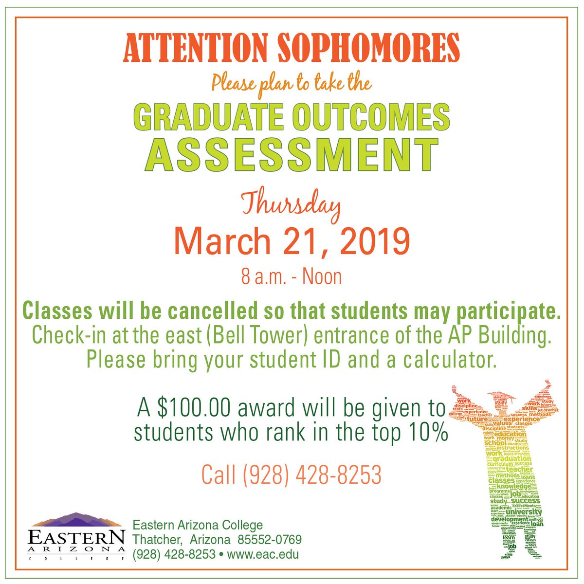 eacmonsters's tweet photo. ATTENTION SOPHOMORES, please plan to take the
Graduate Outcomes Assessments on March 21, 2019. #monstersforlife https://t.co/3QoWPZUqBh