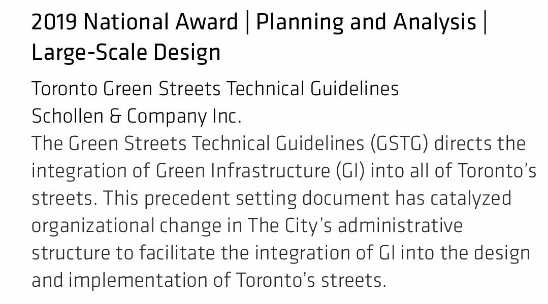 SheilaBoudreau's tweet photo. @CSLA_AAPC National Award for Green Streets! In time for @TRCA_HQ #TRIECA2019 New #greeninfrastructure standards - A project, I co-led @CityPlanTO w/ #Toronto Water engineer, Patrick Cheung @PEO_HQ - produced by @OALA_ON Schollen &amp; Co + @TMIG + team https://t.co/0OWsVfZIGo