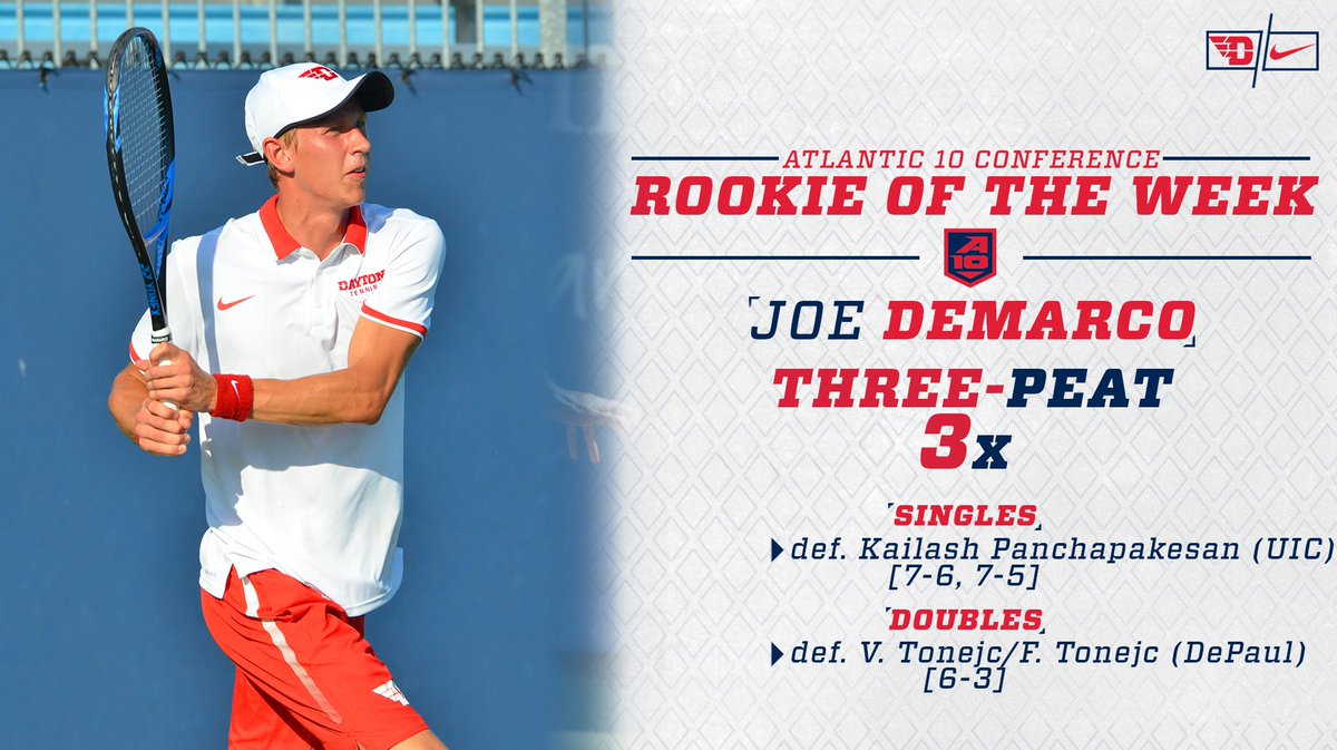 UDFlyerTennis's tweet photo. 🏆🏆🏆
That's three A-10 Rookie of the Week Awards in a row for Joe DeMarco! #ThreePeat https://t.co/qXD846uh1V