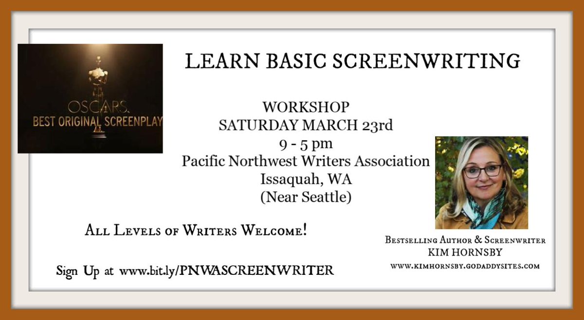 kimhornsby's tweet photo. Want to call yourself a SCREENWRITER by Sunday?
Still a few spots left
@PNWA Screenwriting 1 Day Intensive Workshop
I'll walk you through the process!
#screenwriting #Seattlewriter #northwestscreenwritersguild #amwriting https://t.co/hH9yQtsXAK