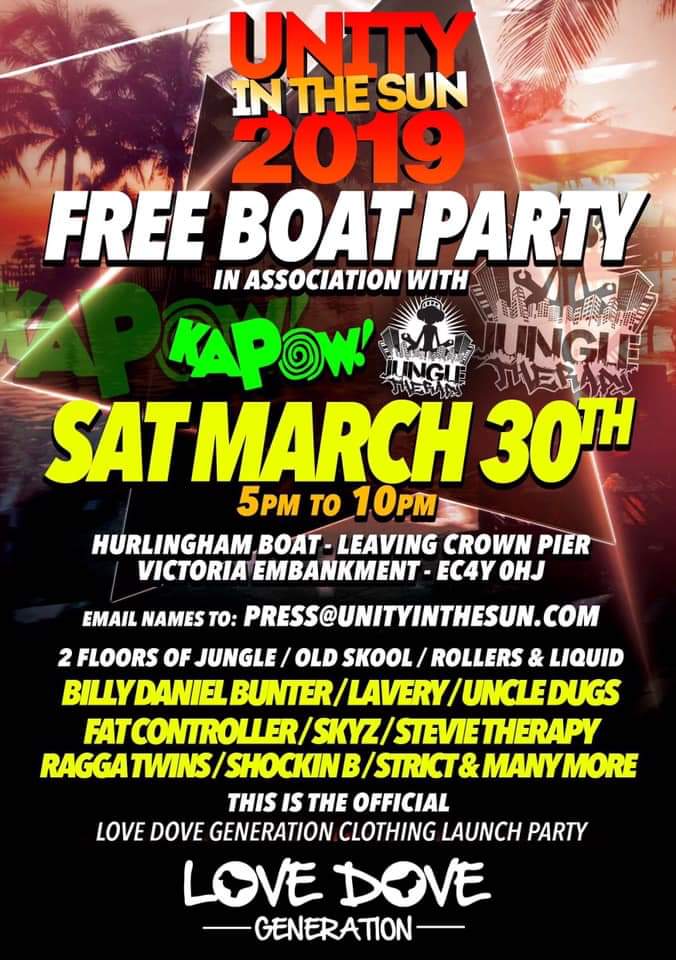 Free boat party Saturday March 30th ! 5-10pm ! 

Unity in the sun / Jungle Therapy and Kapow !!

Send your names to press@unityinthesun.com 

Gonna be a banger 🔥🔥🔥

#unityinthesun #kapow #jungletherapy #hurlingham #lovedovegeneration