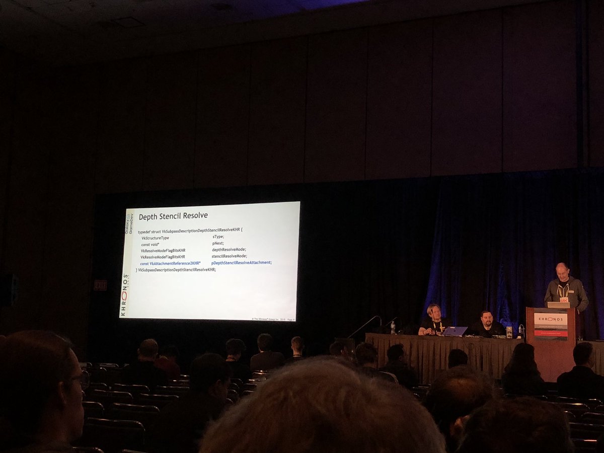 alonorbach's tweet photo. Lewis Gordon from the #GalaxyGameDev team talking about adding depth stencil resolve to @VulkanAPI in session about new developments with @NIV_Anteru and Tiemo from Gaijin Entertainment #KhronosDevDay https://t.co/dSO3HJLqN7