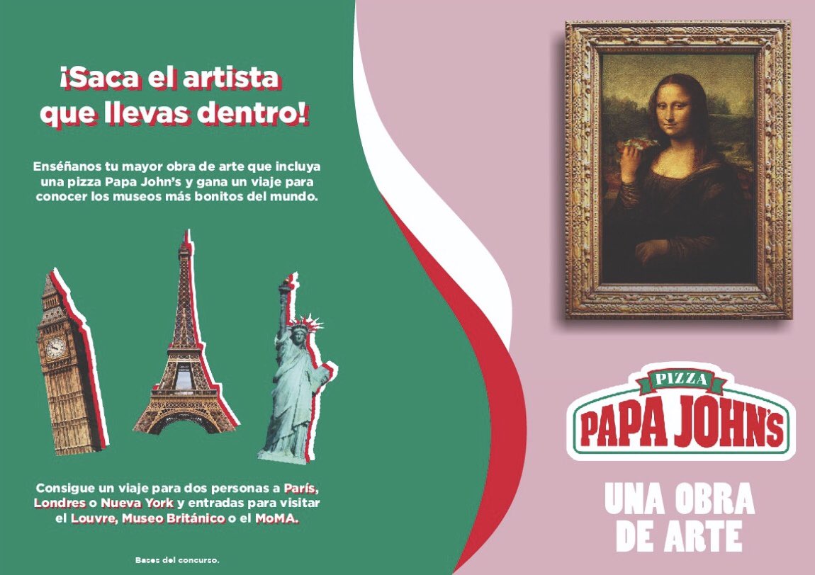 ¡EN PAPA JOHN’S ESTAMOS DE CONCURSO! En el que podrás ganar un viaje a Londres, Nueva York o París + entrada al museo. 👨‍🎨✈️ Para participar sólo tienes que:
1. Publicar tu mayor obra de arte en un tweet.
2. Añadir el hashtag #sacaelartistaconpapajohns
¡BUENA SUERTE A TODOS!