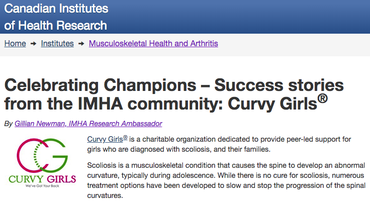 CurvyGirlsScoli's tweet photo. Gillian, Senior Leader and Mentor, wrote this fantastic piece about Curvy Girls and #scoliosis treatment, featured in the @CIHR_IRSC! https://t.co/OYoockuRA6 https://t.co/t6YZuNgqjX