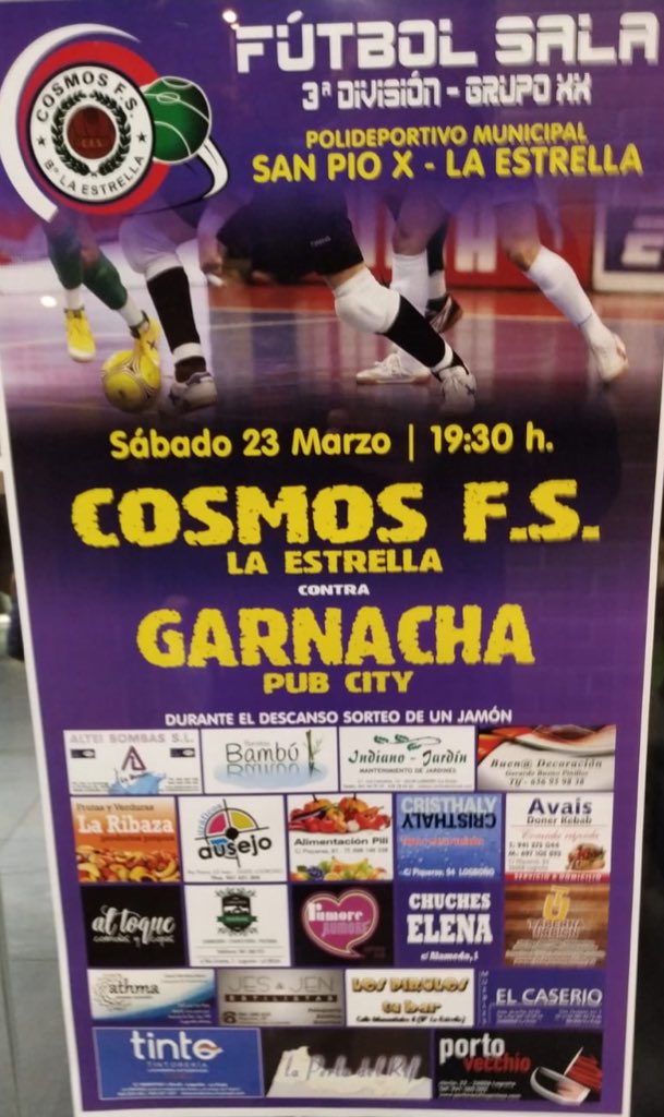 Este sábado 23 Marzo visitamos a nuestros vecinos del <a href="/CosmosFS/">Cosmos F.S. “La Estrella”</a> en la Jornada 22 de la Tercera Riojana de <a href="/fedriojafutbol/">Federación Riojana de Fútbol</a>.
⏰ a las 19:30 en 🏟 Pm La Estrella.