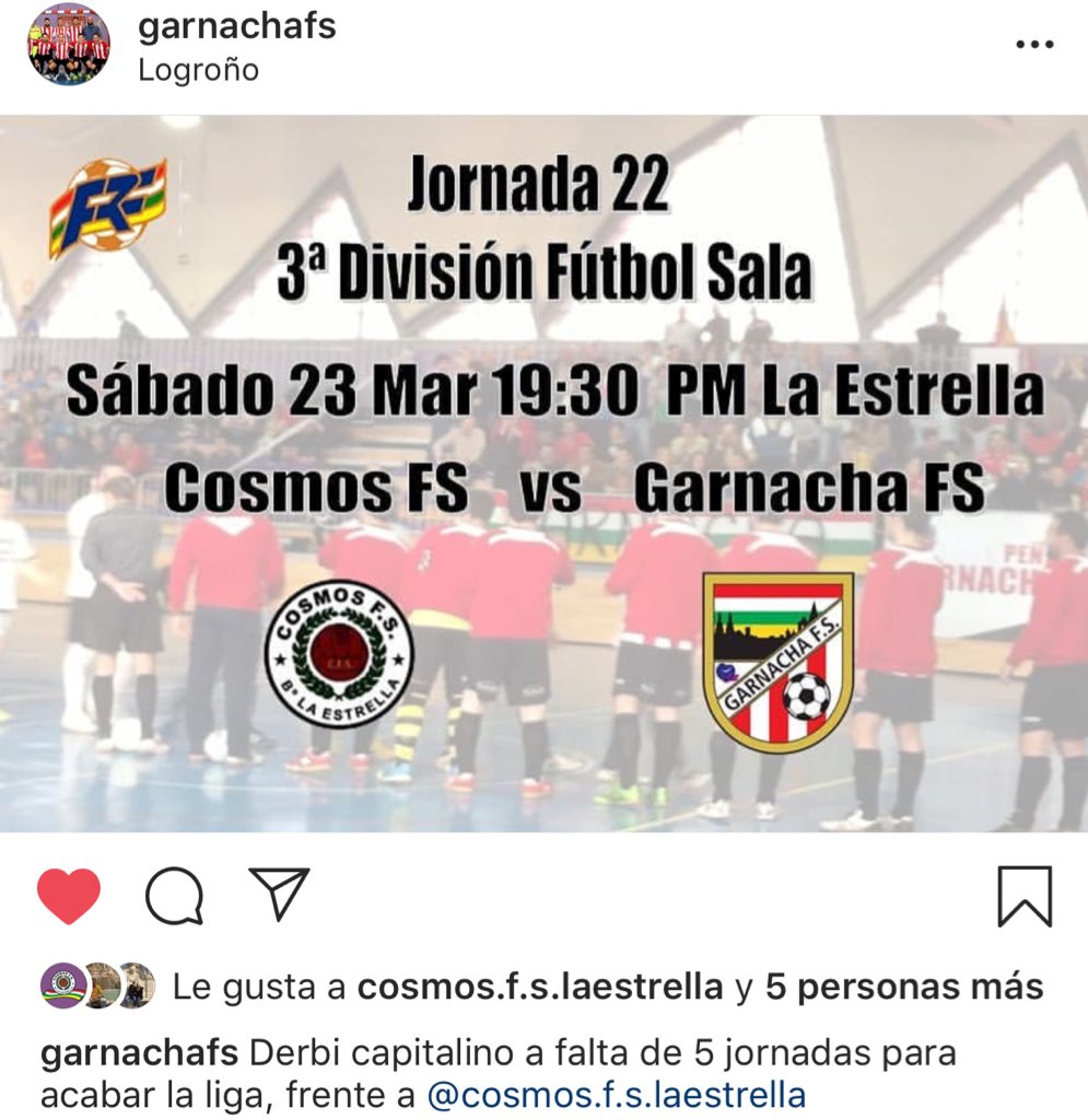 Garnacha_'s tweet photo. Este sábado 23 Marzo visitamos a nuestros vecinos del @CosmosFS en la Jornada 22 de la Tercera Riojana de @fedriojafutbol.
⏰ a las 19:30 en 🏟 Pm La Estrella. https://t.co/5VgbpgsDoy