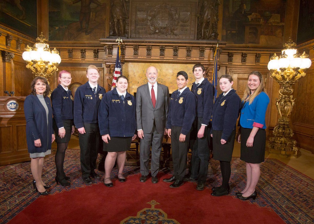 CV_FFA1954's tweet photo. As part of the FFA State Legislative Leadership Conference, FFA members were able to meet with elected officials to discuss issues impacting Agricultural Education. Members got the opportunity to meet with Governor Tom Wolf, PA State Reps Barb Gleim, and Greg Rothman. #SLLCagents https://t.co/8B9HAIqKoe