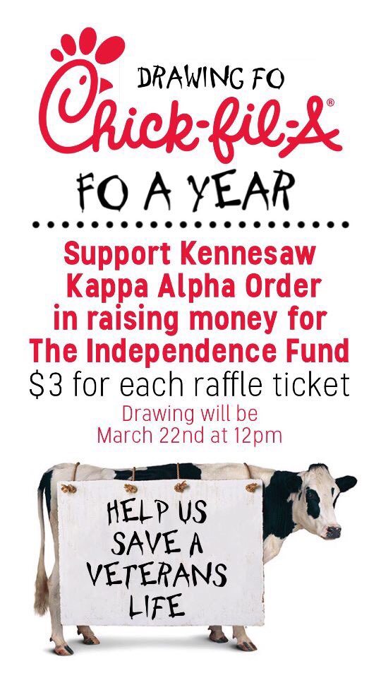 Who doesn’t love Chick-Fil-A and helping the veterans? We are selling $3 raffle tickets for free Chick-Fil-A for a year. Contact a brother to enter the raffle!