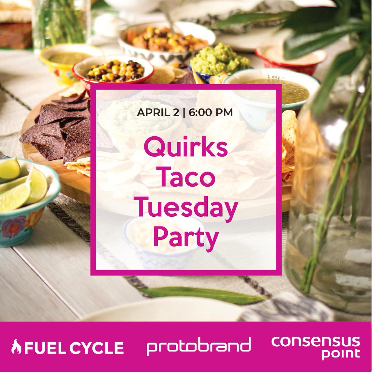 ConsensusPoint's tweet image. Who doesn&apos;t love a good Taco Tuesday? Join us at the @quirks Chicago Event for tacos, margaritas and table side guacamole! @fuelcycle @protobrand …hicagotacotuesdayparty.splashthat.com/?utm_campaign=…