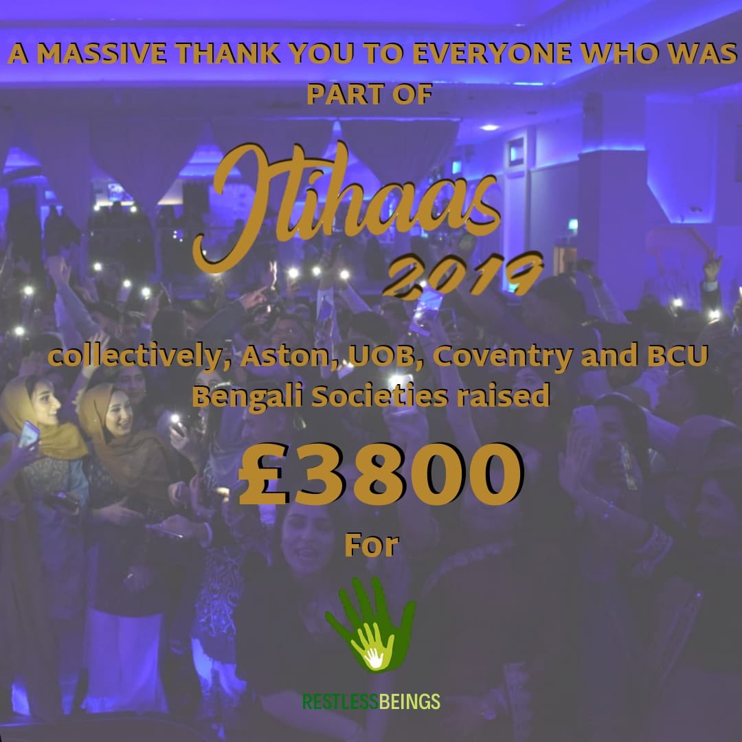 UobBengaliSoc's tweet photo. Itihaas profits raised £3800, thank you to everybody who attended. Shoutout to @bcubengsoc @CovBDSociety and @astonbdsoc for their continuous support and collaboration throughout the year. A family was formed. 
University of Birmingham BengSoc also raised £1884 from fundraising. https://t.co/2qj4ebG1Zm