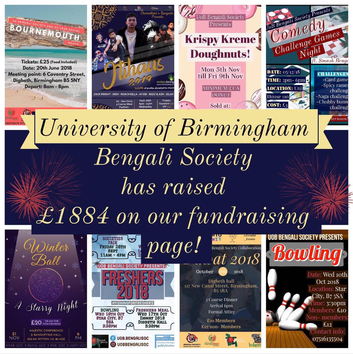 UobBengaliSoc's tweet photo. Itihaas profits raised £3800, thank you to everybody who attended. Shoutout to @bcubengsoc @CovBDSociety and @astonbdsoc for their continuous support and collaboration throughout the year. A family was formed. 
University of Birmingham BengSoc also raised £1884 from fundraising. https://t.co/2qj4ebG1Zm