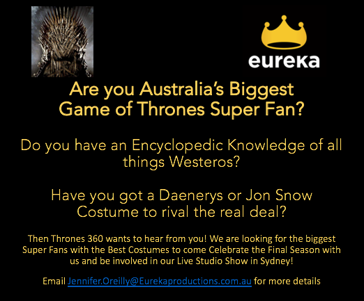 Jennifer_Cast01's tweet photo. @EpicArmouryAU Thrones 360 is looking for Australian Superfans https://t.co/pMmQdjQTM1